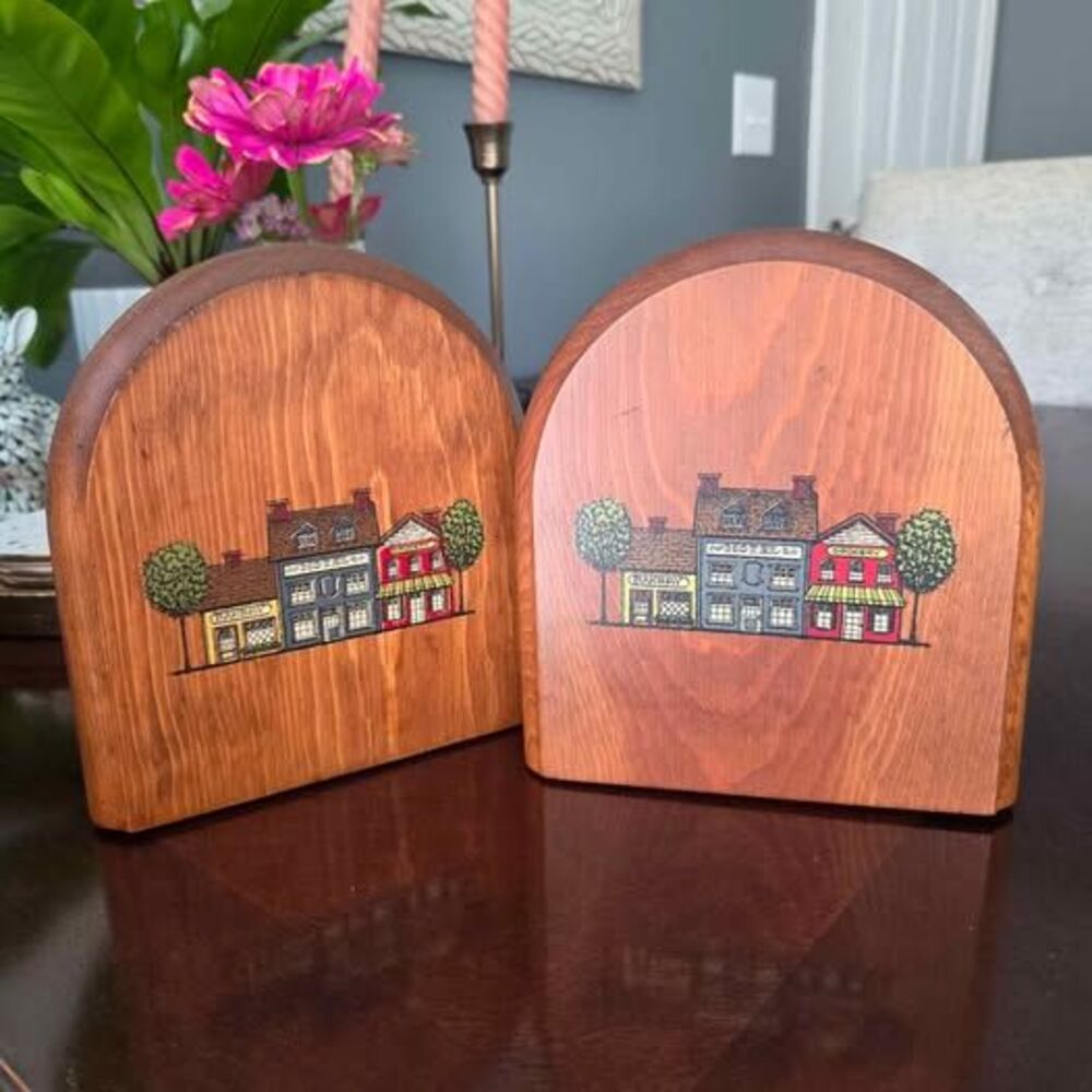 Vtg Wood Handpainted Cottage Village Bookends Bakery Hotel Grocery Mid Century